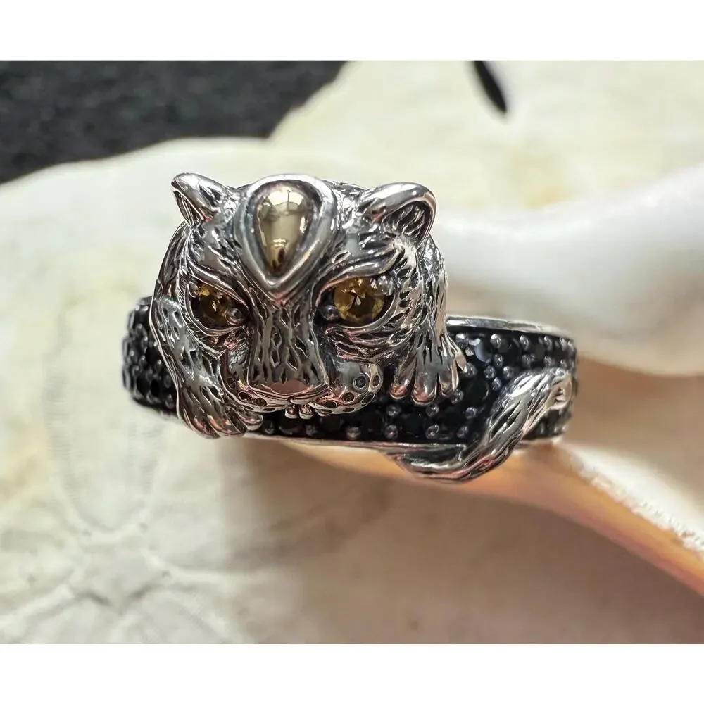 John Hardy Silver Leopard Cat Ring with Citrine Eyes and Black Diamonds - Picture 2 of 7